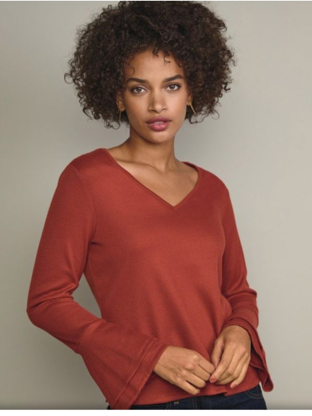 V-Neck Long Sleeve Women's Sweater in Rust